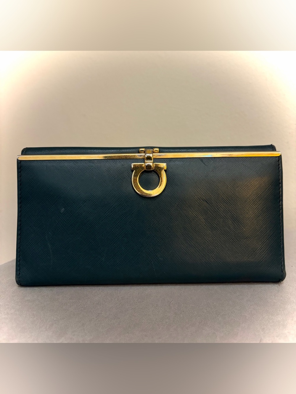 Salvatore Ferragamo Dark Green Leather Wallet with Gold Gancini Trim Clasp